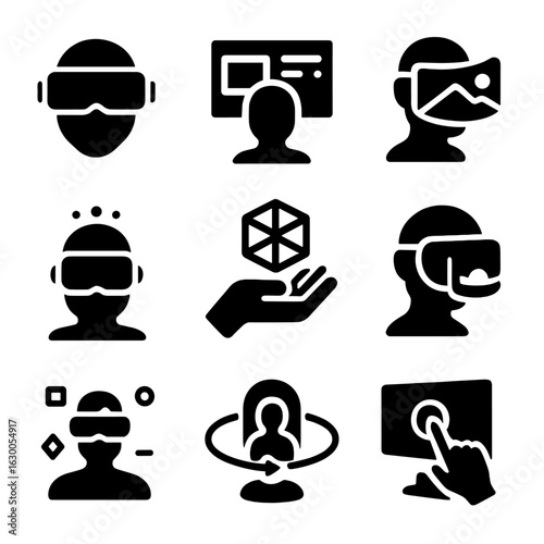 Immersive Tech Icons Set. Solid, filled icons set of immersive technology: VR goggles, augmented interface,
