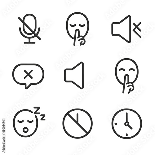 Silence Icon Set. Outline icon set of silence in communication: muted microphone, quiet sign, crossed-out speaker, finger on lips,