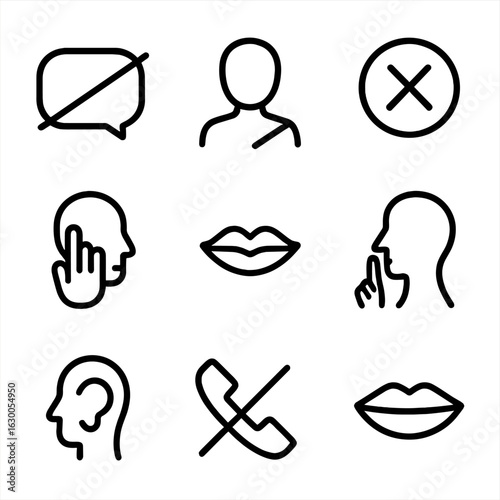 Silence Icon Set. Outline icon set of silence in communication: speech bubble with a line, no talking, quiet symbol, hand over