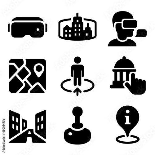 Immersive VR City Icons. Solid, filled icons set of immersive city tours through VR: VR headset, panoramic