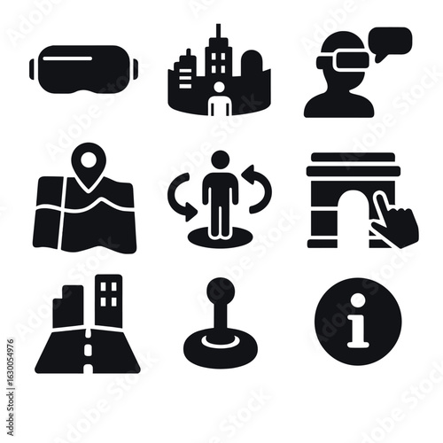 Immersive VR City Icons. Solid, filled icons set of immersive city tours through VR: VR headset, panoramic