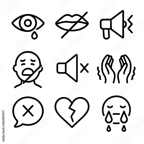 Silent Anguish Icons. Outline icon set of silent anguish: crying eye, muted mouth, broken megaphone, silent scream, crossed sound