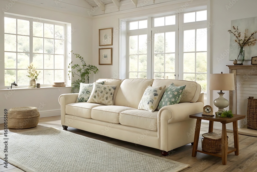 Fototapeta premium Cream sofa with floral pillows and wooden accents wooden side table lamp
