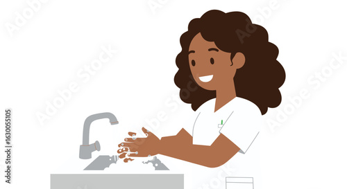 Smiling healthcare professional washing hands for hygiene and virus prevention. Concept of cleanliness and safety.