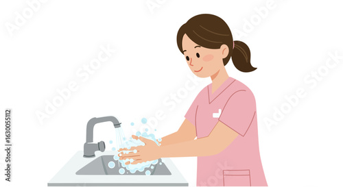 A female nurse in pink scrubs demonstrates proper handwashing technique at a sink, promoting hygiene and preventing the spread of germs.