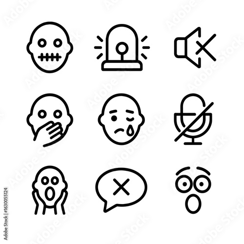 Silent Scream Icons. Outline icon set of voiceless scream: sealed lips, silent alarm, no sound sign, hand over mouth, silent tear,
