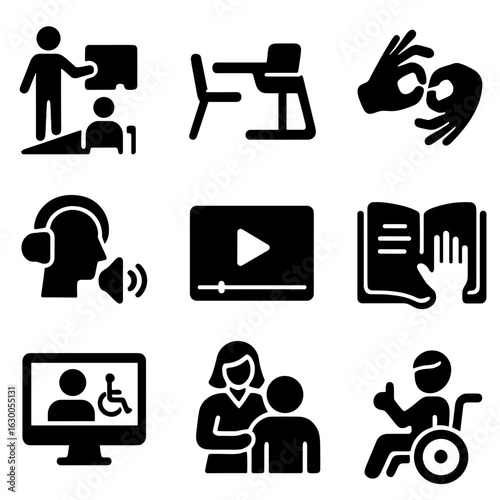 Inclusive Education Icons. Solid, filled icons set of inclusive education: classroom ramp, adaptive desk, sign