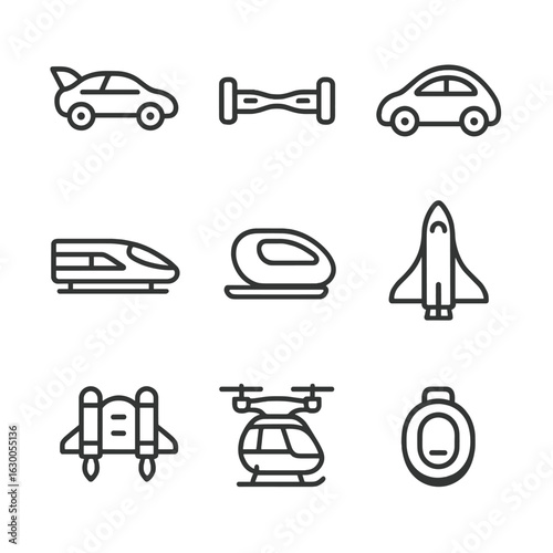 Futuristic Vehicles Icons. Outline icon set of futuristic vehicles: flying car, hoverboard, autonomous car, maglev train,