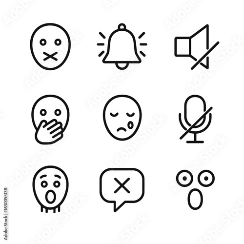Silent Scream Icons. Outline icon set of voiceless scream: sealed lips, silent alarm, no sound sign, hand over mouth, silent tear,