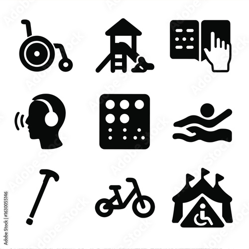 Inclusive Recreation Icons. Solid, filled icons set of inclusive recreation: adaptive sports chair, inclusive