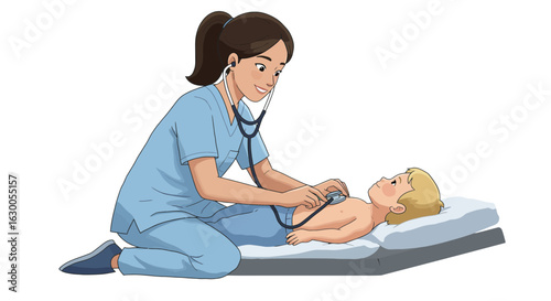 Caring female pediatrician in blue scrubs using a stethoscope to examine a young boy during a medical check-up.