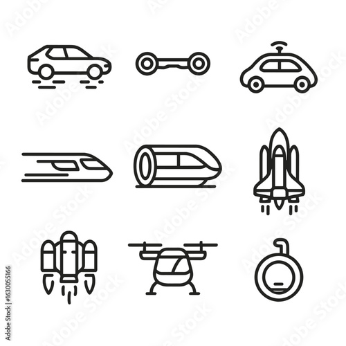 Futuristic Vehicles Icons. Outline icon set of futuristic vehicles: flying car, hoverboard, autonomous car, maglev train,