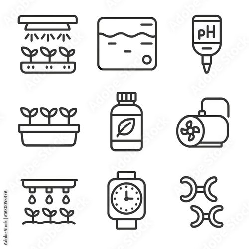 Indoor Hydroponics Icons. Outline icon set of indoor hydroponics: grow lights, water reservoir, pH tester,