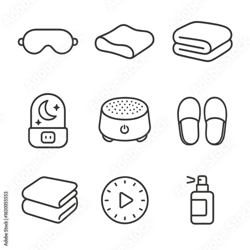 Sleep Comfort Icons. Outline icon set of sleep comfort: eye mask, memory foam pillow, plush duvet, night light, sound machine, bed