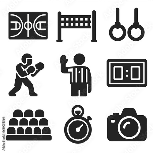 Indoor Sports Icons. Solid, filled icons set of indoor sports action shots: basketball court, volleyball net,