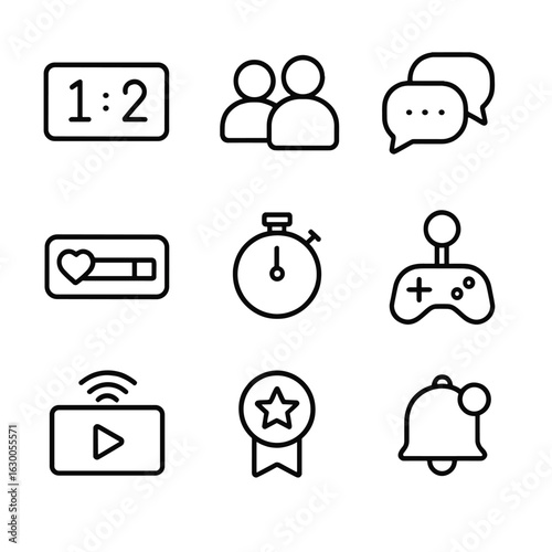Gaming Feature Icons. Outline icon set of real-time gaming features: live scoreboard, multiplayer, chat bubbles, health bar, timer