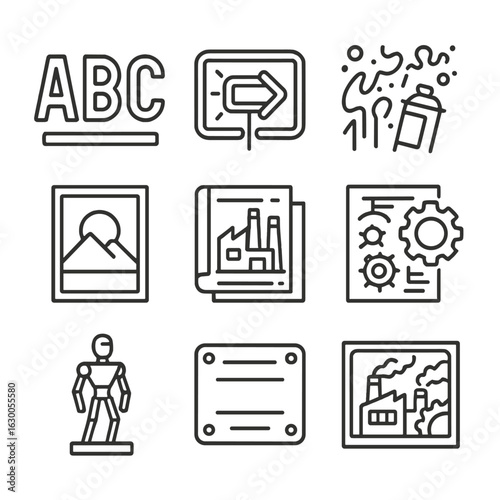 Industrial Icon Set. Outline icon set of industrial art and signage: metal letters, neon signs, graffiti,