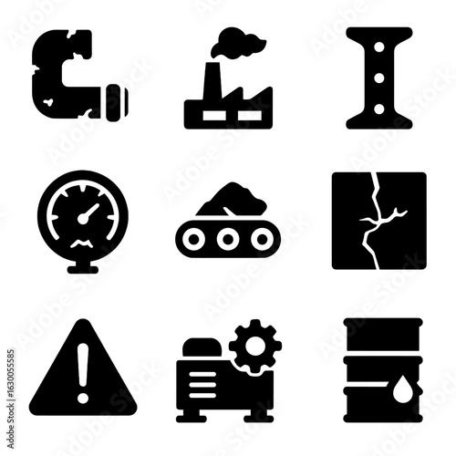 Industrial Icon Set. Solid, filled icons set of abandoned industrial sites: rusted pipe, factory smokestack,