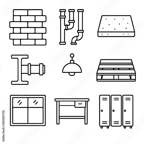 Industrial Design Icons. Outline icon set of industrial interior design: exposed brick wall, metal pipes,