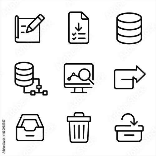 Data Lifecycle Icons. Outline icon set of data lifecycle: creation, collection, storage, processing, analysis, sharing, archiving,