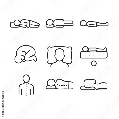 Sleep Posture Icons. Outline icon set of sleep posture: side sleeping, back sleeping, stomach sleeping, fetal position, pillow