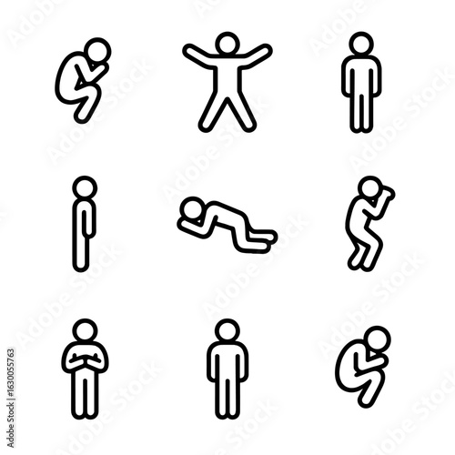 Sleep Positions Icons. Outline icon set of sleep positions: fetal, starfish, soldier, log, freefall, side sleeper, back sleeper,