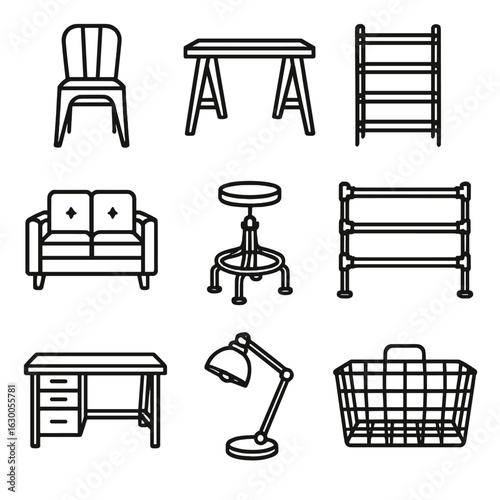 Industrial Furniture Icons. Outline icon set of industrial furniture elements: metal chairs, wooden tables,