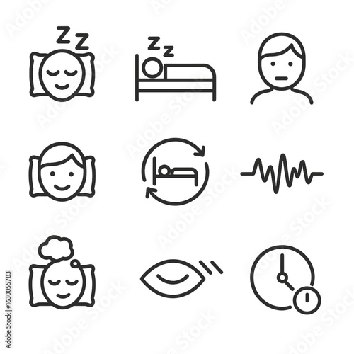 Sleep Stages Icons. Outline icon set of sleep stages: REM sleep, deep sleep, light sleep, awake, sleep cycle, brain waves,