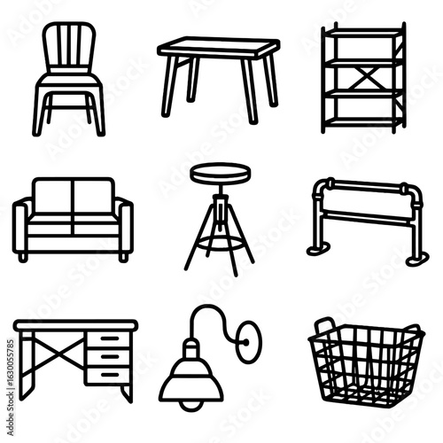 Industrial Furniture Icons. Outline icon set of industrial furniture elements: metal chairs, wooden tables,