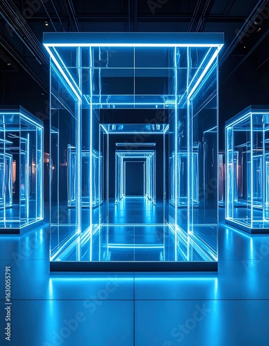 Futuristic exhibition space featuring glowing geometric structures with blue neon lights and reflective surfaces.