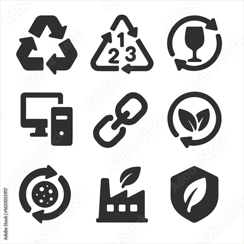 Industrial Recycling Icons. Solid, filled icons set of industrial recycling symbols: triangle arrows icon,