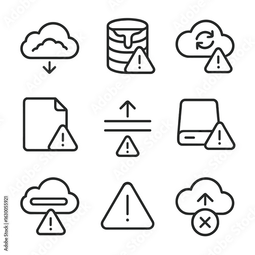 Data Storage Icons. Outline icon set of overload in data and cloud storage: cloud full, data overflow, database, sync error, file