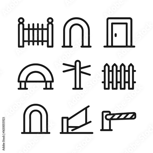 Gateway Icon Set. Outline icon set of physical gateways: gate, archway, door, bridge, turnstile, fence, portal, drawbridge,