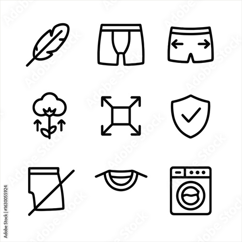 Sleepwear Icons Grid. Outline icon set of sleepwear comfort: soft fabric, snug fit, adjustable waistband, breathable cotton,