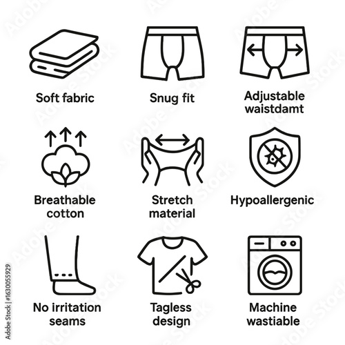 Sleepwear Icons Grid. Outline icon set of sleepwear comfort: soft fabric, snug fit, adjustable waistband, breathable cotton,