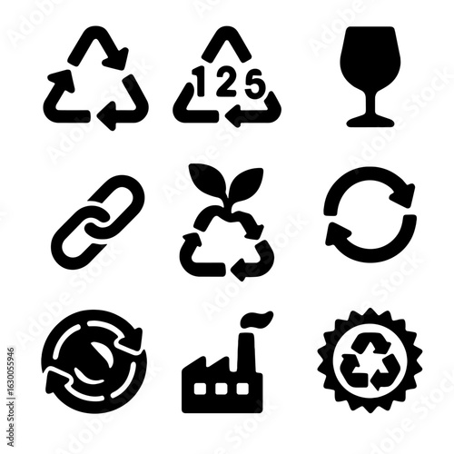 Industrial Recycling Icons. Solid, filled icons set of industrial recycling symbols: triangle arrows icon,