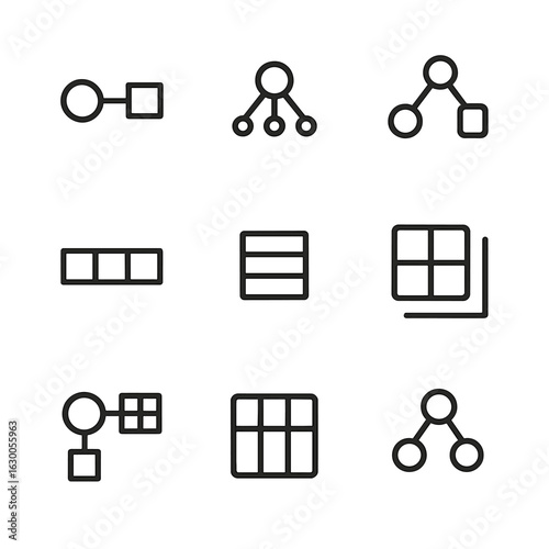 Data Structure Icons. Outline icon set of data structure nodes: linked list node, tree node, graph node, hash node, array node,