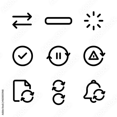 Data Sync Icon Set. Outline icon set of data sync processes: bidirectional arrows, progress bar, loading circle, sync completed,