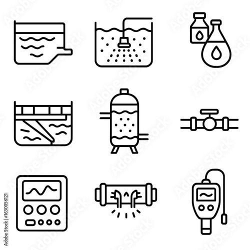 Industrial Water Icons. Outline icon set of industrial water purification: sedimentation tank, aeration system