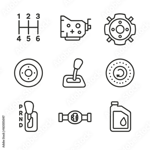 Gear Transmission Icons. Outline icon set of gear transmission systems: manual gearbox, automatic gearbox, clutch, flywheel, shift