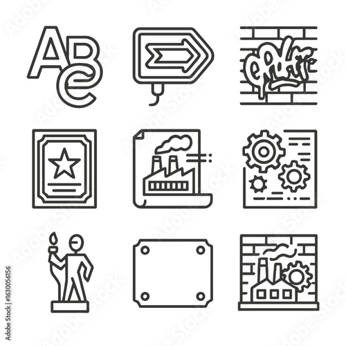 Industrial Icon Set. Outline icon set of industrial art and signage: metal letters, neon signs, graffiti,