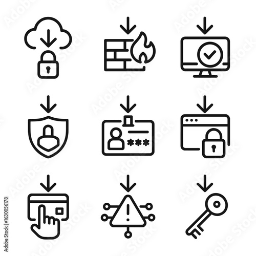 Datalink Security Icons. Outline icon set of downlink security: encryption, firewall, secure transmission, VPN, authentication,