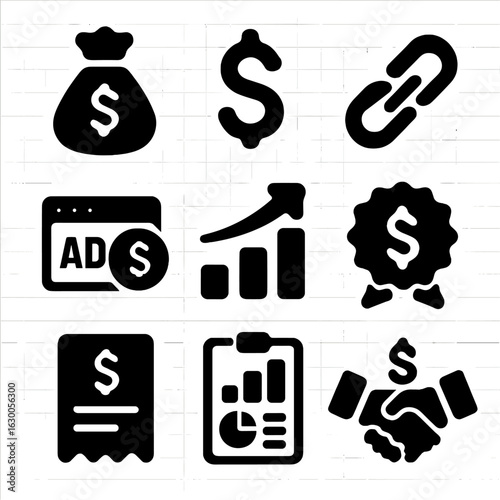 Influencer Monetization Icons. Solid, filled icons set of monetization tools for influencers: money bag,