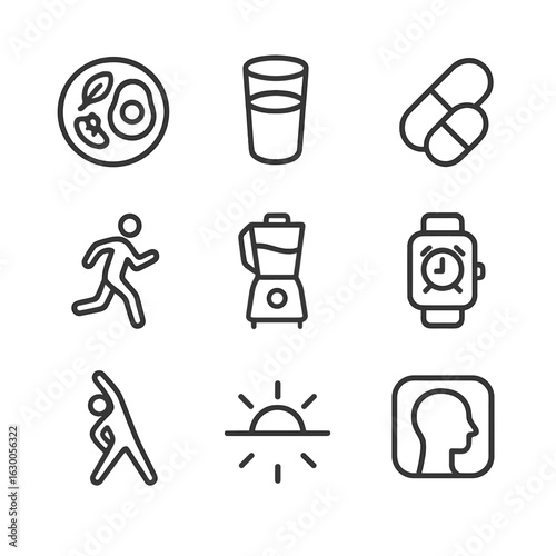 Dawn Wellness Icons. Outline icon set of dawn wellness: healthy breakfast plate, water glass outline, vitamin pill, morning jog