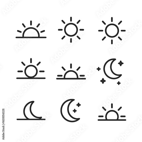 Day Night Icons Grid. Outline icon set of day and night cycle: sunrise, morning sun, noon sun, afternoon light, sunset, twilight,
