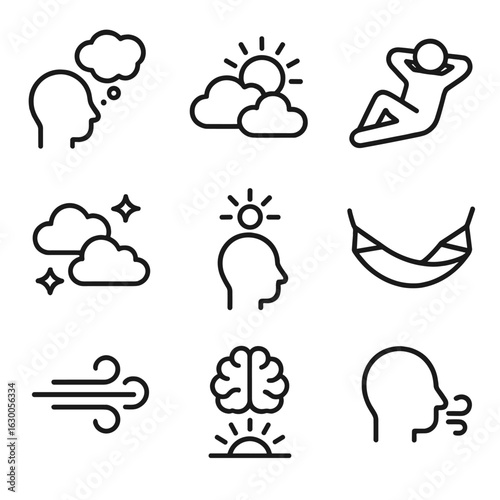 Daydream Icon Set. Outline icon set of daydream scenes: floating thought, open sky, relaxed figure, clouds and stars, hammock,