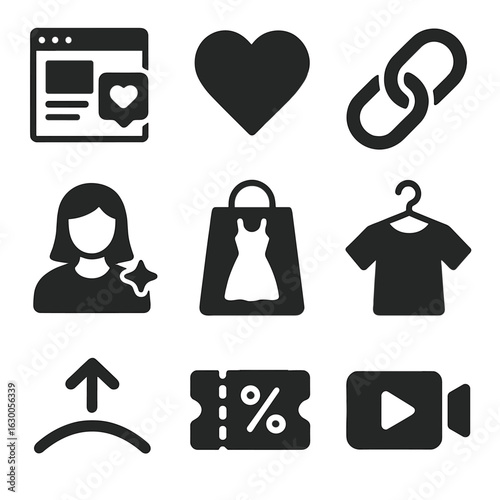 Influencer Shopping Icons. Solid, filled icons set of influencer-driven shopping: social media ad, heart icon,