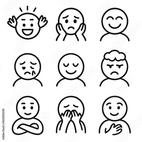 Image Generation. Outline icon set of human emotions: excitement, anxiety, joy, sorrow, calm, jealousy, pride, shame, empathy.