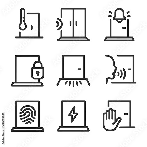 Smart Threshold Icon Set. Outline icon set of smart thresholds: sensor threshold, automatic door opener, threshold alarm, smart