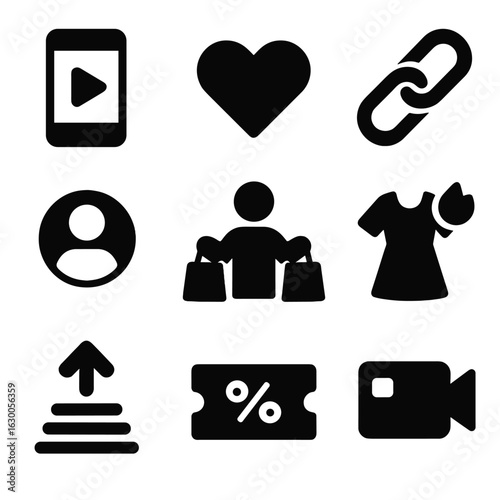 Influencer Shopping Icons. Solid, filled icons set of influencer-driven shopping: social media ad, heart icon,
